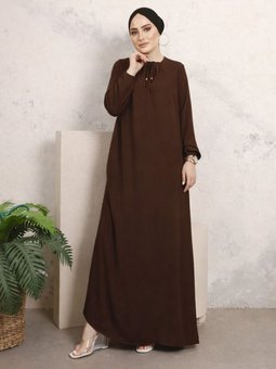 Büyük Beden Lastikli Yaka Salaş Kahverengi Elbise