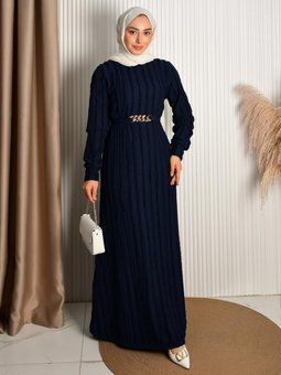 Fitilli Kumaş Lacivert Elbise