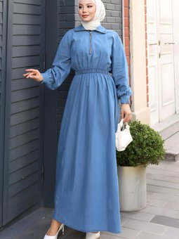 Açık Mavi Beli Lastikli Kot Fermuarlı Elbise