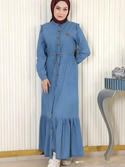 Açık Mavi Kot Beli Bağcıklı Düğmeli Elbise