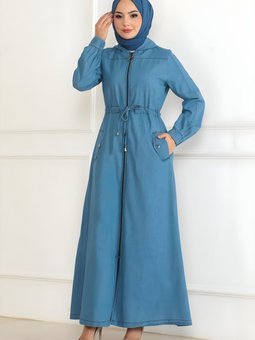 Açık Mavi Kot Beli Bağcıklı Ferace