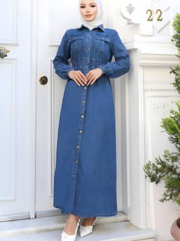 Açık Mavi Kot Beli Lastikli Ferace