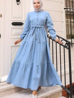 Açık Mavi Kot Düğmeli Elbise