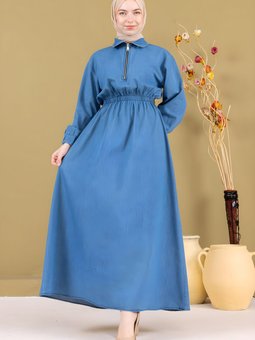 Açık Mavi Kot Fermuarlı Beli Lastikli Elbise