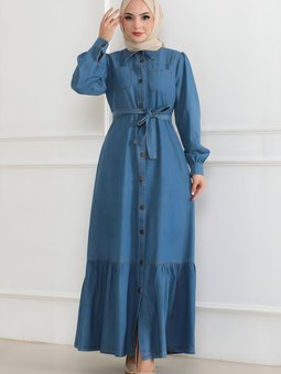 Açık Mavi Kot Fırfır Detaylı Elbise