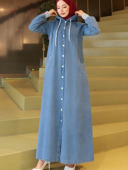 Açık Mavi Kot Kapüşonlu Ribanalı Ferace