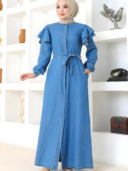 Açık Mavi Omuzu Fırfırlı Düğmeli Ferace