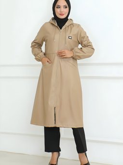 Bej Deri Detaylı Kap