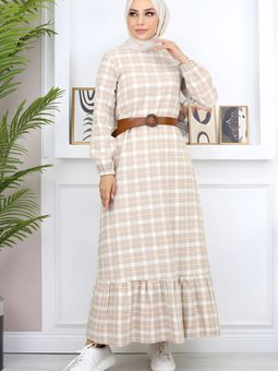 Bej Fırfırlı Elbise