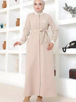 Bej Ribanalı Gizli Düğmeli Ferace