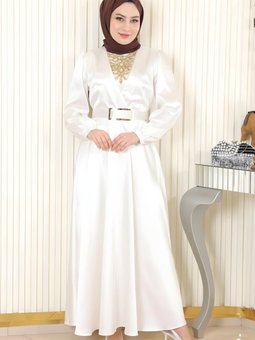 Beyaz Saten Taş Detaylı Abiye Elbise