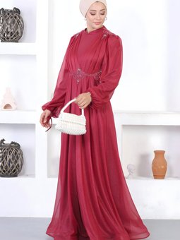 Bordo Dantelli İncili Simli Abiye Elbise