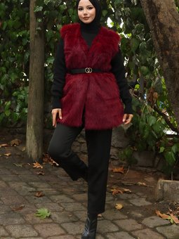 Bordo Kemerli Kürklü Yelek