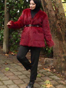 Bordo Kürklü Kemerli Ceket