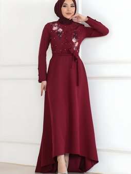 Bordo Nakış Detaylı Abiye Elbise