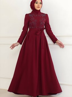 Bordo Taş Detaylı Elbise