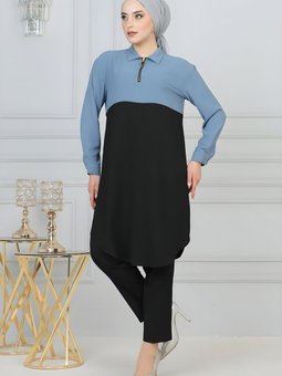 Buz Mavisi Fermuar Detaylı Tunik