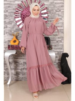 Dantel Detaylı Şifon Gül Kurusu Elbise