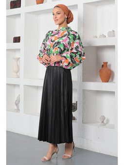 Desenli Lastikli Siyah Bluz