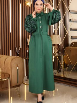 Desenli Zümrüt Yeşili Taş Detaylı Ferace