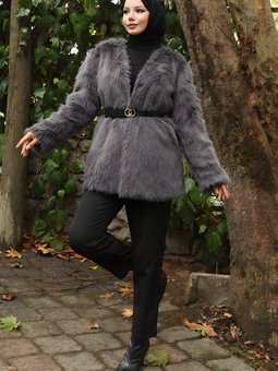 Gri Kürklü Kemerli Ceket