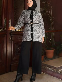 Gri Leopar Desenli Triko İkili Takım