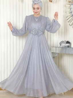 Gri Simli Drapeli İnci Detaylı Abiye Elbise