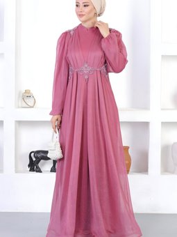 Gül Kurusu Dantelli Simli İncili Abiye Elbise