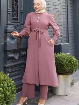 Gül Kurusu İkili Düğme Detaylı Kuşaklı Takım