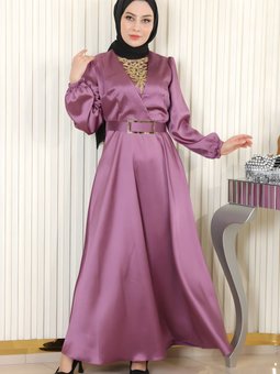 Gül Kurusu Saten Taş Detaylı Abiye Elbise