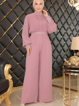 Gül Kurusu Şifon Taş Detaylı Abiye Elbise