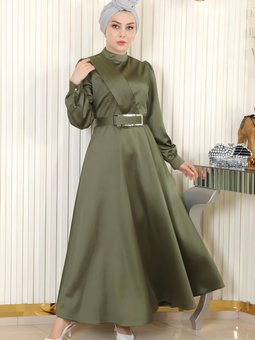 Haki Drapeli Saten Abiye Elbise