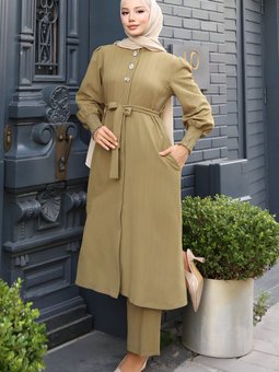 Haki İkili Düğme Detaylı Kuşaklı Takım