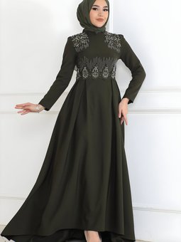 Haki İnci Detaylı Abiye Elbise