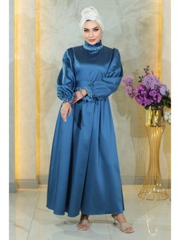 İncili Saten Abiye Elbise İndigo