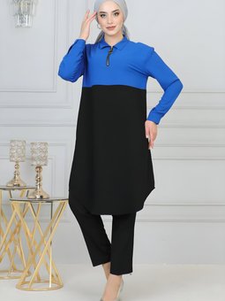 İndigo Fermuar Detaylı Tunik