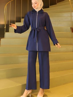 İndigo İkili Yakası Kürk Detaylı Takım