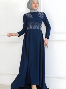 İndigo İnci Detaylı Abiye Elbise