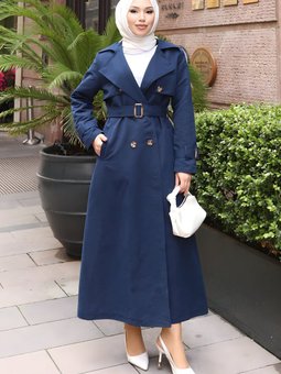 İndigo Kemer Detaylı Düğmeli Trençkot