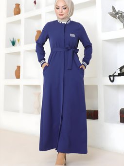 İndigo Ribanalı Gizli Düğmeli Ferace