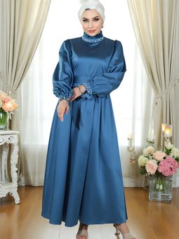 İndigo Saten İncili Abiye Elbise