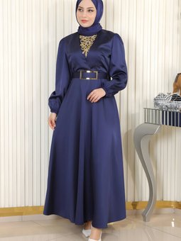 İndigo Saten Taş Detaylı Abiye Elbise