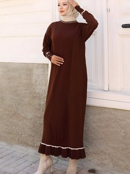 Kahverengi Triko Manşeti Taş Detaylı Elbise