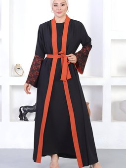 Kiremit Abaya Dantel Detaylı Ferace