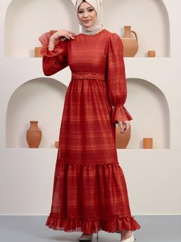 Kiremit Dantel İnci Detaylı Abiye Elbise