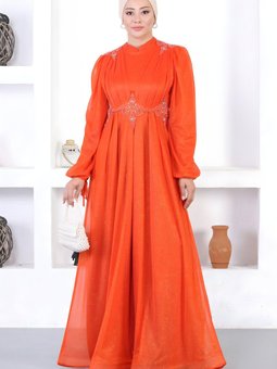 Kiremit Dantelli İncili Simli Abiye Elbise