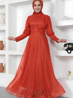 Kiremit Simli Manşeti Fermuar Detaylı Abiye Elbise