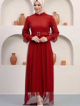 Kiremit Tül Taşlı Kemer Detaylı Abiye Elbise