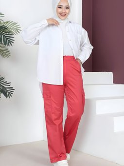 Kırmızı Bol Paça Beli Lastikli Pantolon