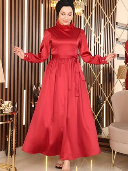 Kırmızı Saten Tüy Detaylı Abiye Elbise
